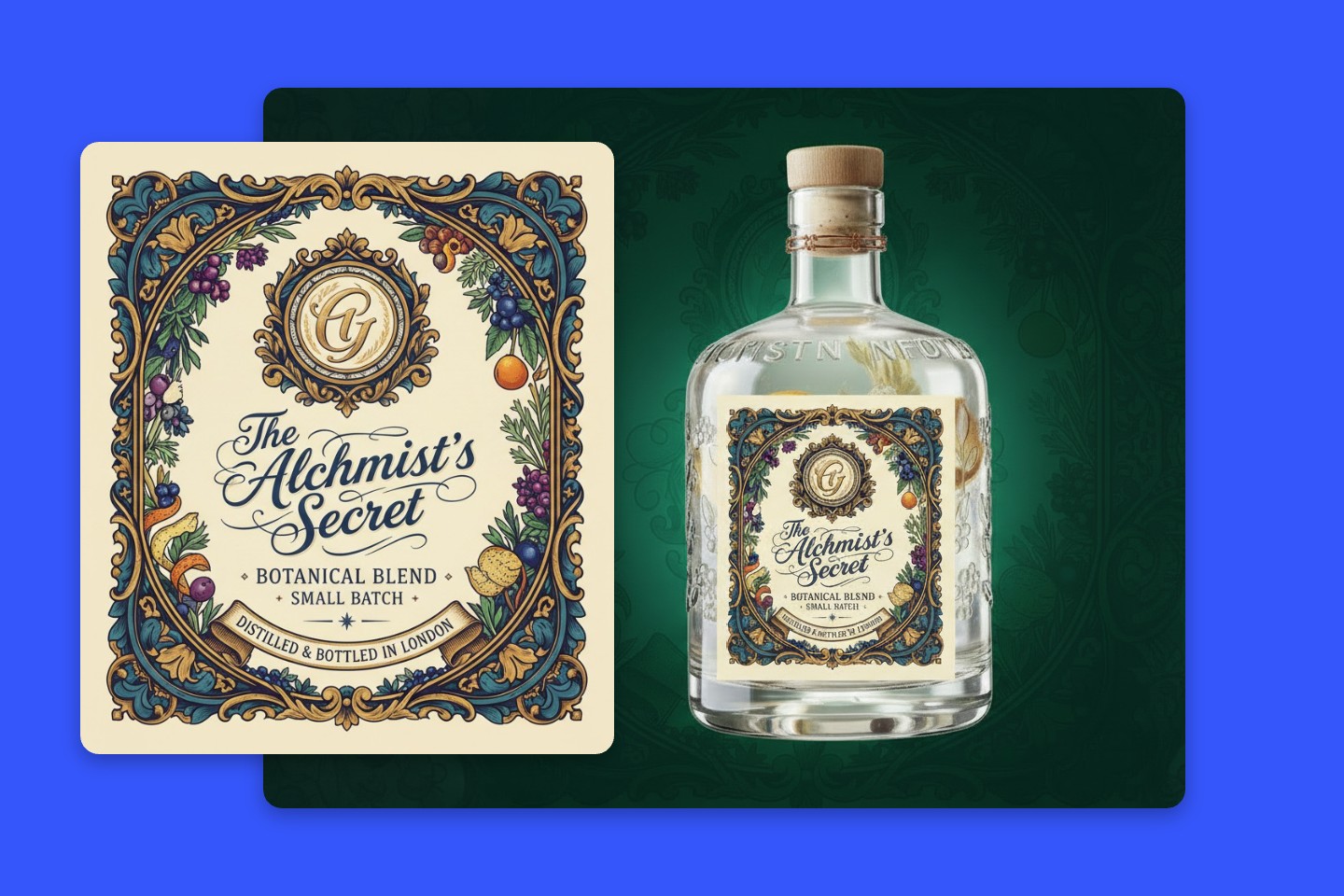 A vintage label for gin and a gin attached with this label