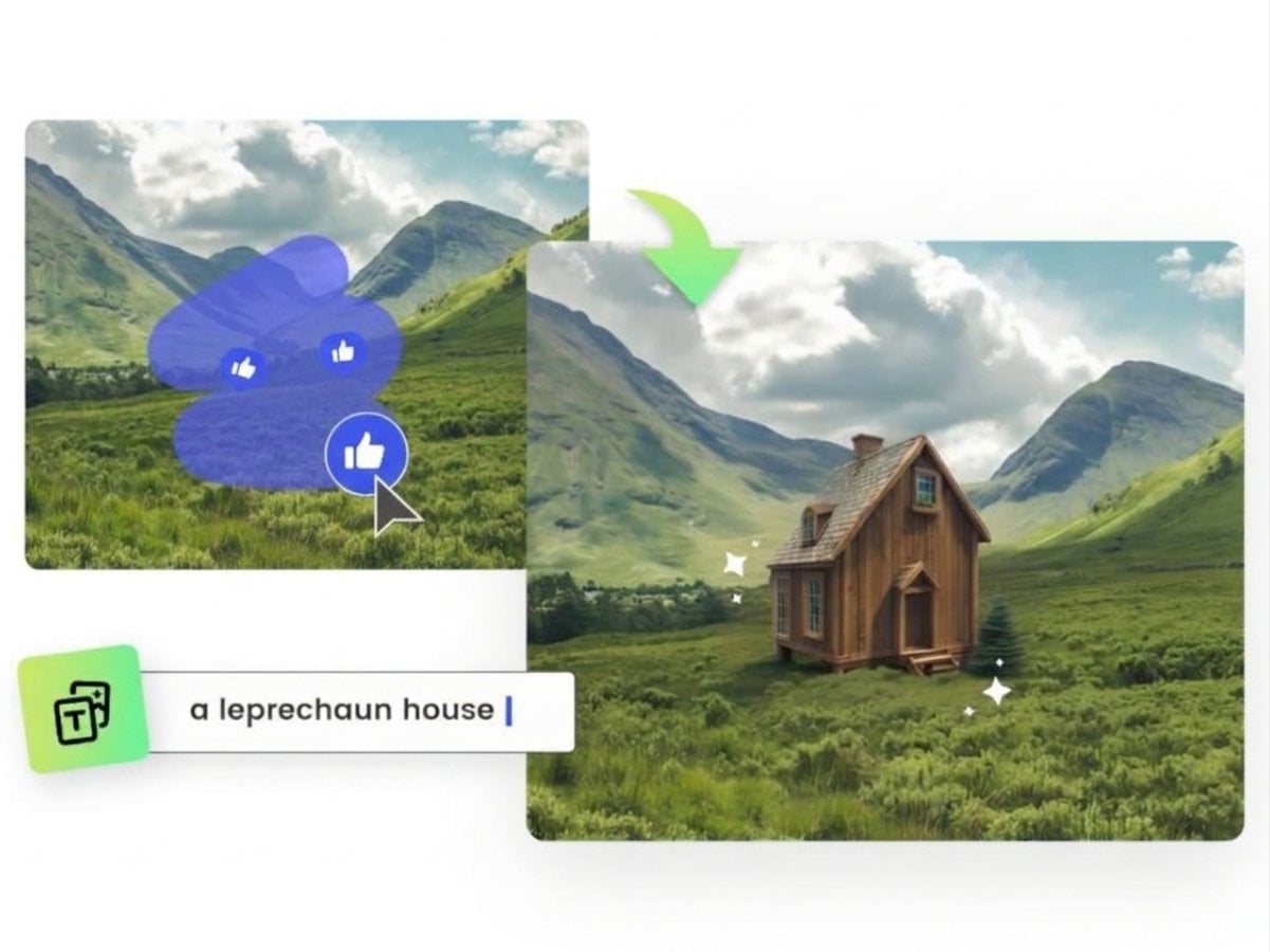 Add a cabin onto a grass using fotor generative ai fill