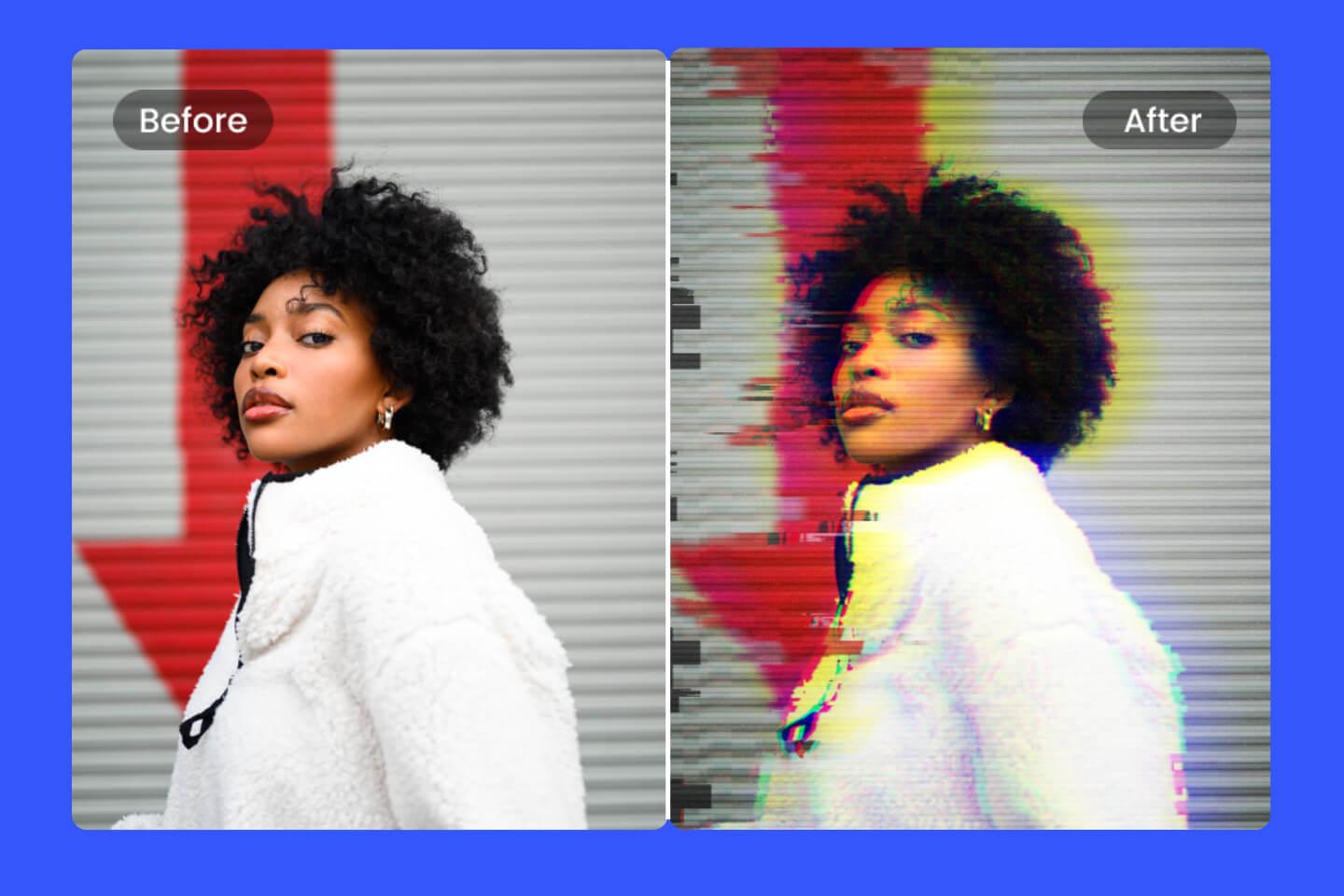 Add a glitch effect on a woman portrait with fotor