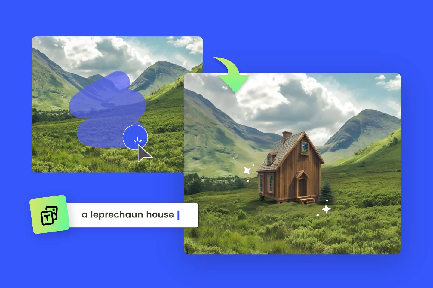 Add a leprechaun house on a grass image with fotor ai generative fill