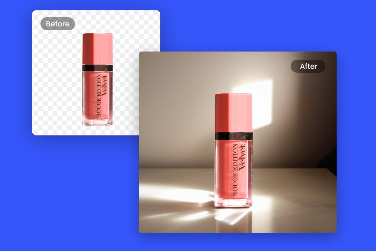 Add a realistic background generated by AI to a lipstick image