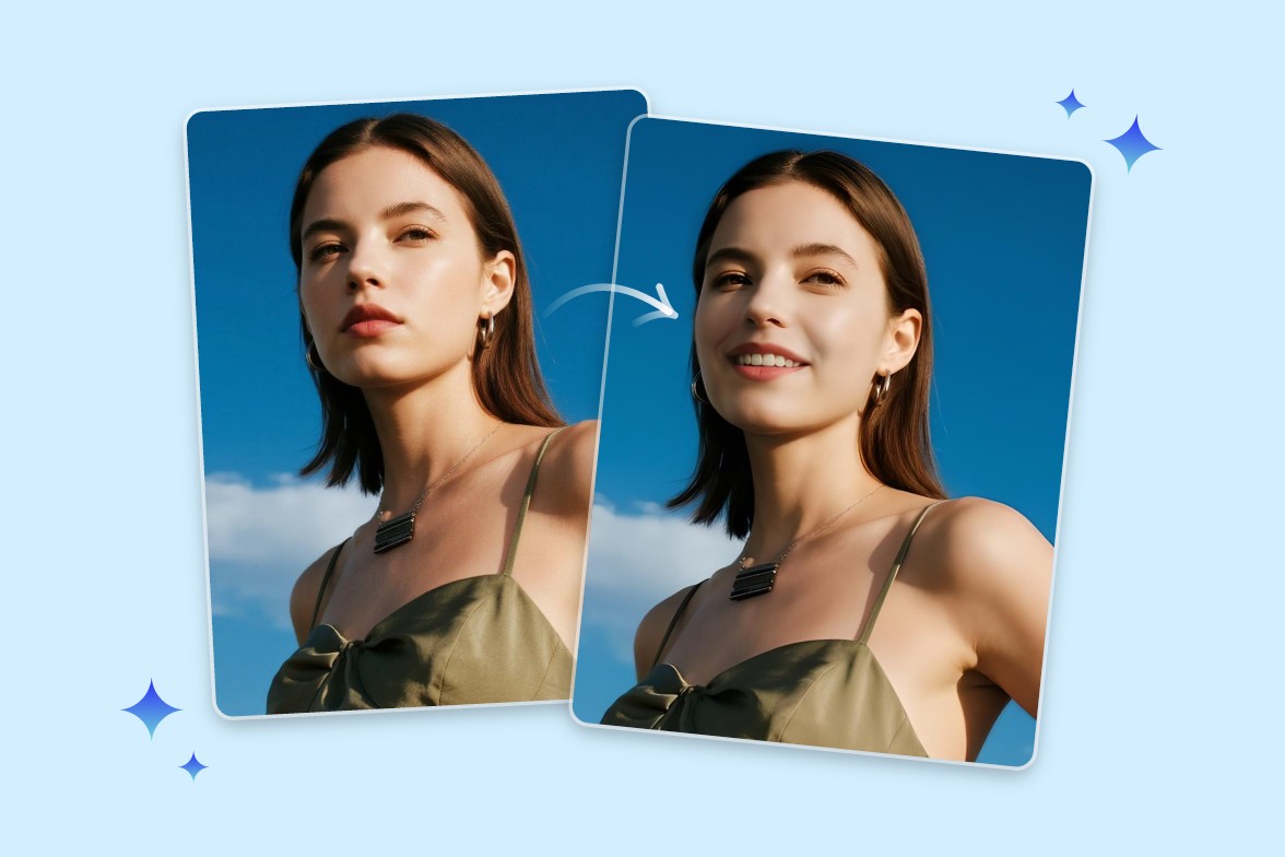 Add a smile to a photo of a beautiful girl on fotor