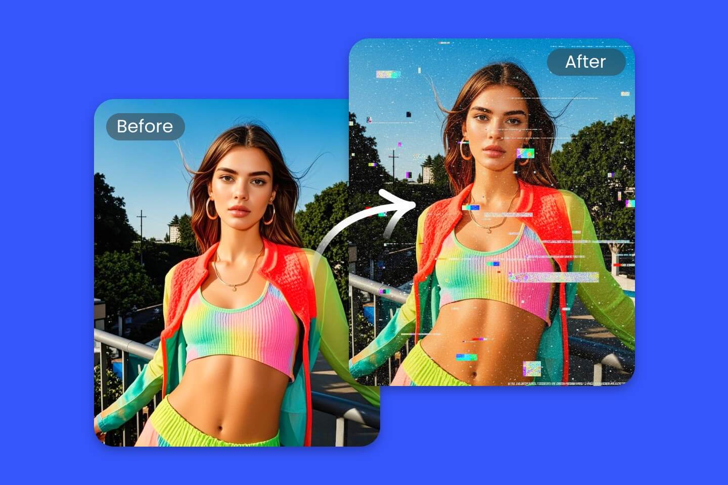 Add glitch effect to a photo of a beautiful woman