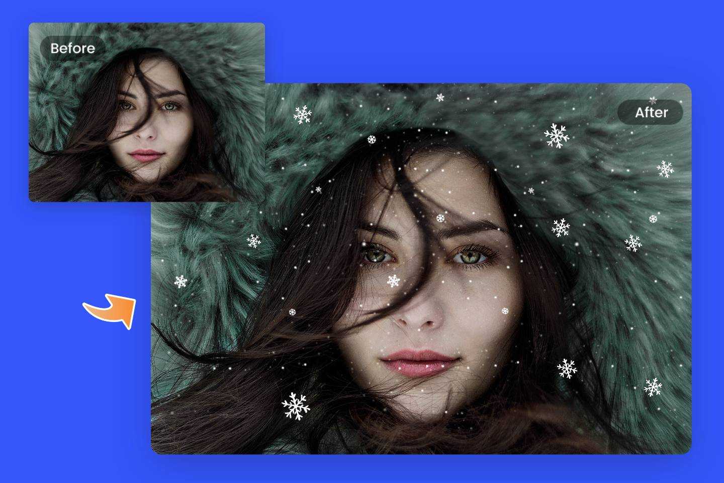 Add snow to a female photo with Fotor online snow editor