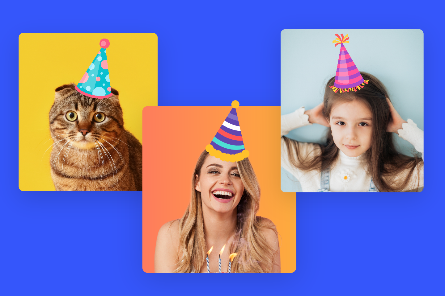 Add various styles and colors of birthday hats to a cat girl and kid