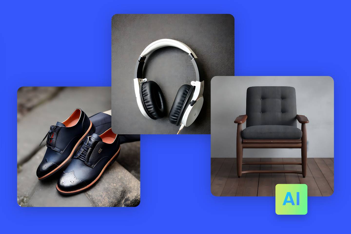 Ai generated shoes earphones and chairs from fotor ai product design generator