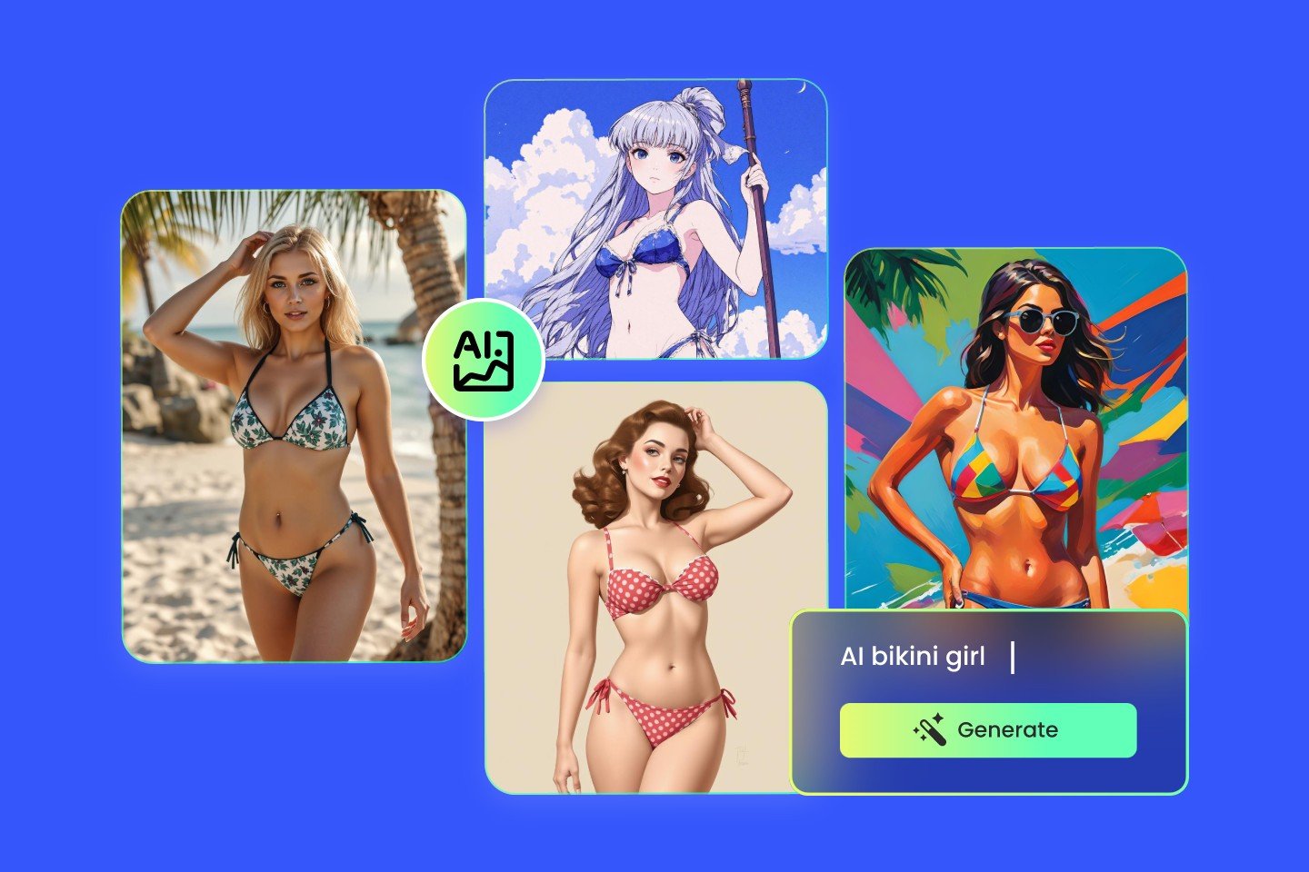 Banner image for fotor ai bikini page featuring four ai bikini girls in diverse styles