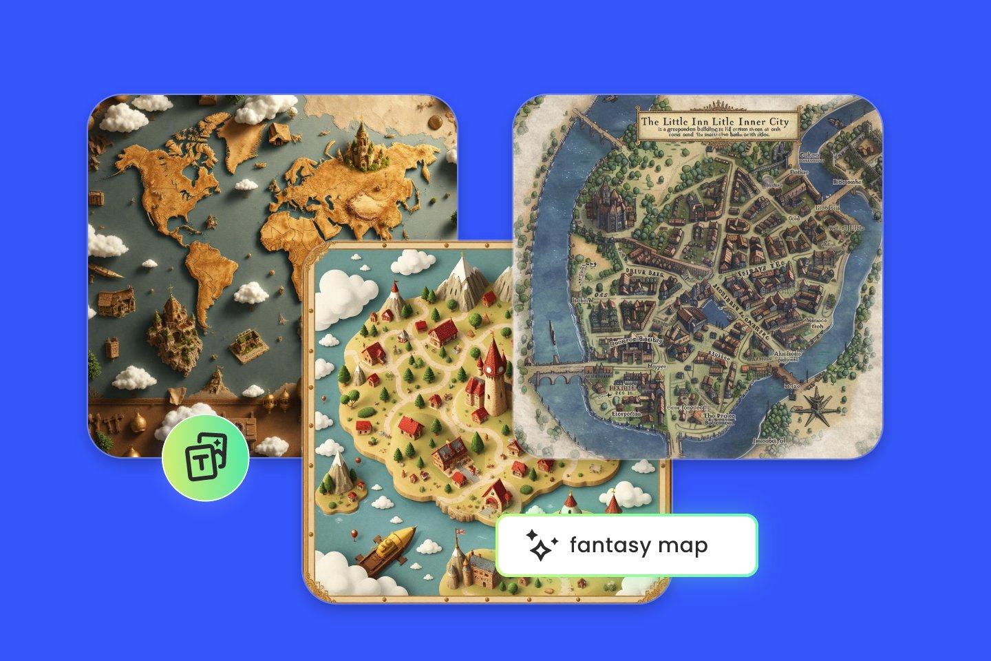 Banner image for fotor ai fantasy map generator featuring three fantasy maps created by fotor