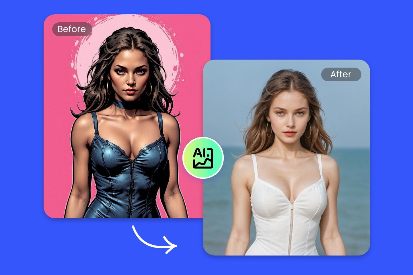 Banner image for fotor cartoon to realistic ai by turning a cartoon girl into a real person