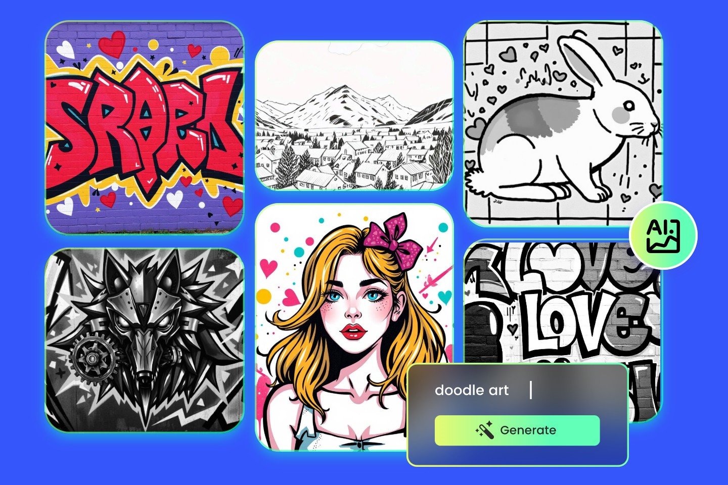 Banner image for fotor doodle generator featuring six different doodle art pics