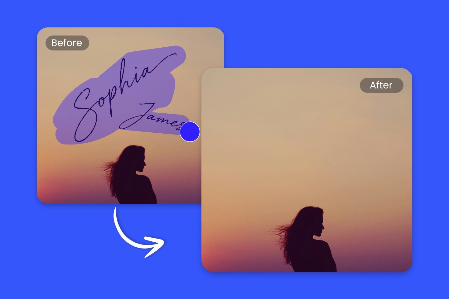 Banner image for fotor remove signature from photo page featuring removing two signatures from a photo of a lady before a sunset view