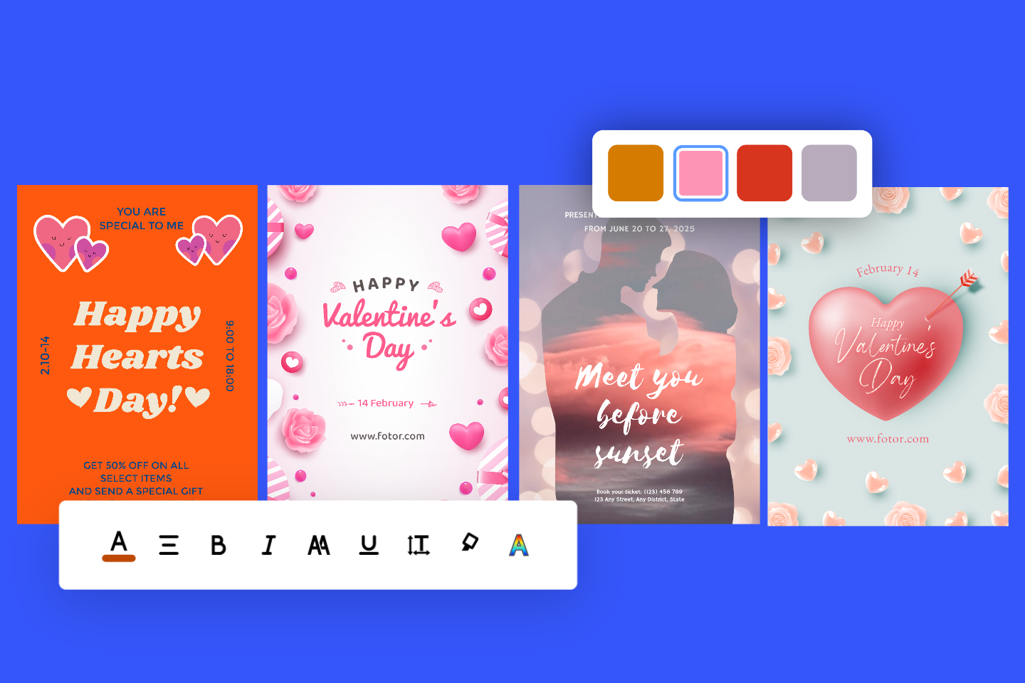 Banner of four Valentines Day Poster with two editing tool bars