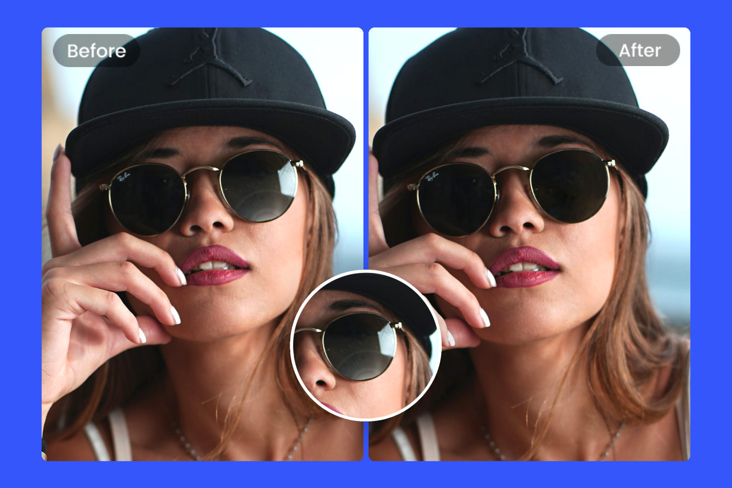 Présentation de l'effet avant et après la suppression des reflets sur un portrait féminin grâce à l’outil en ligne de Fotor