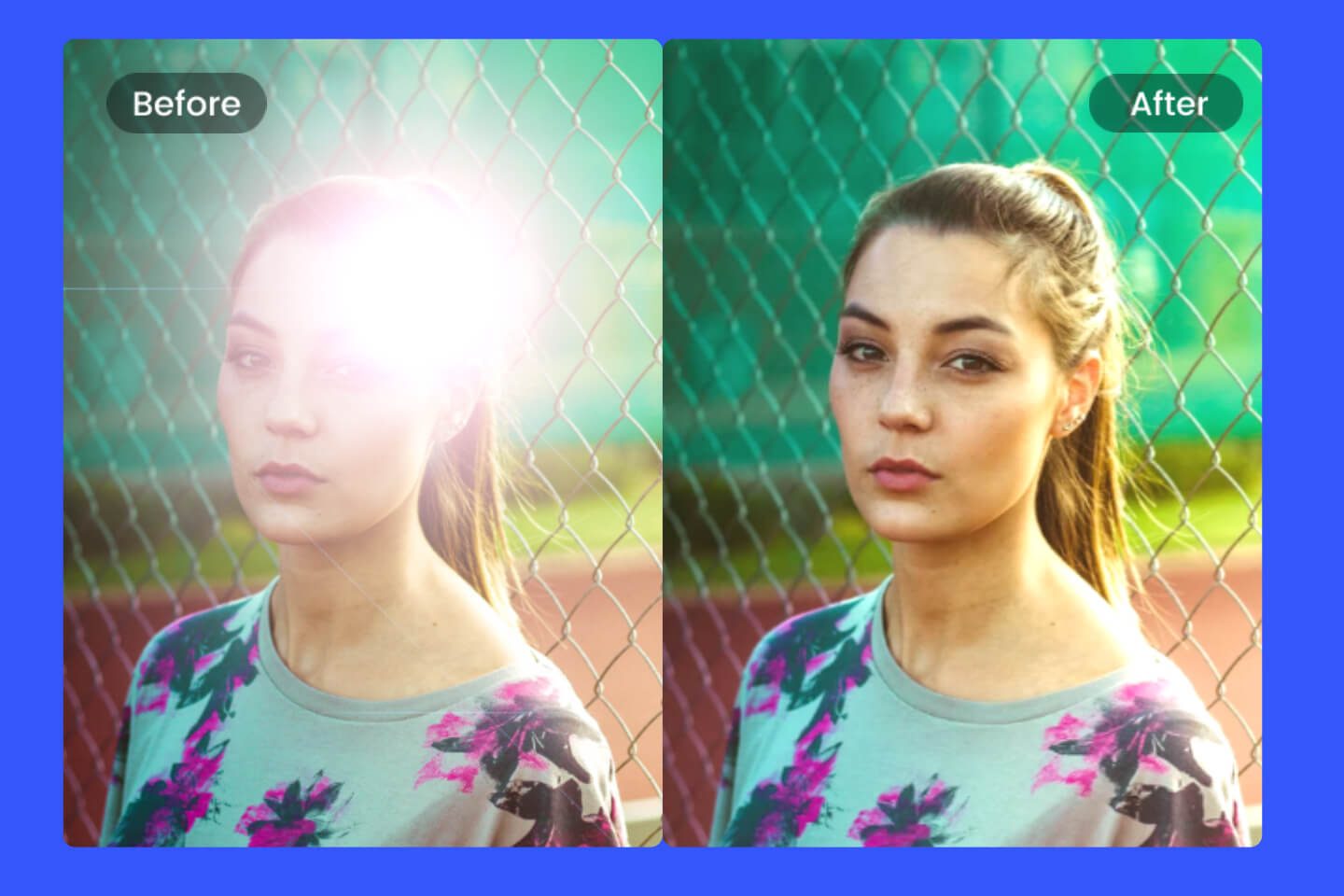 Before and after result of removing glare from photo