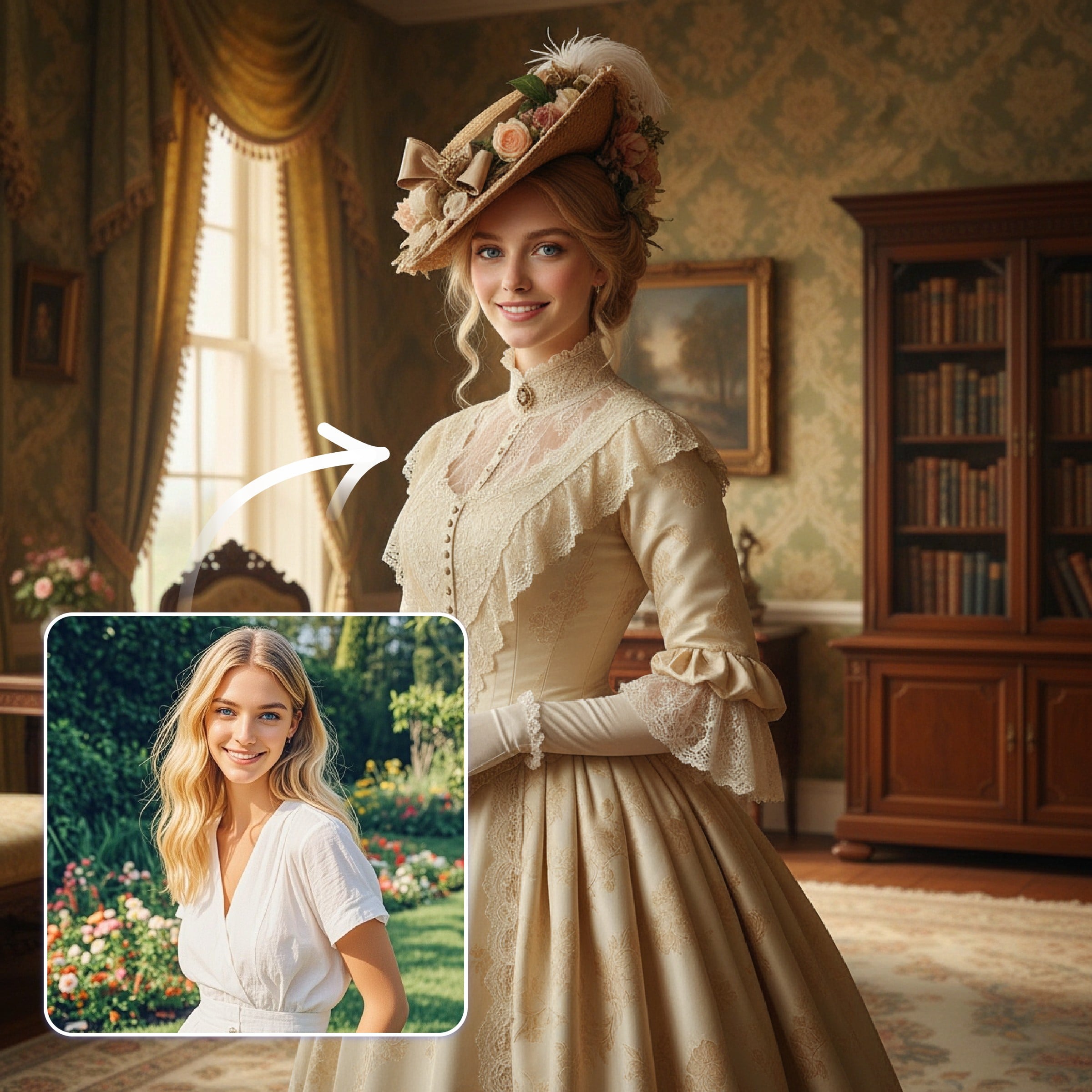 Change the outfit and background of a woman picture into signature victorian era style with fotor ai time machine