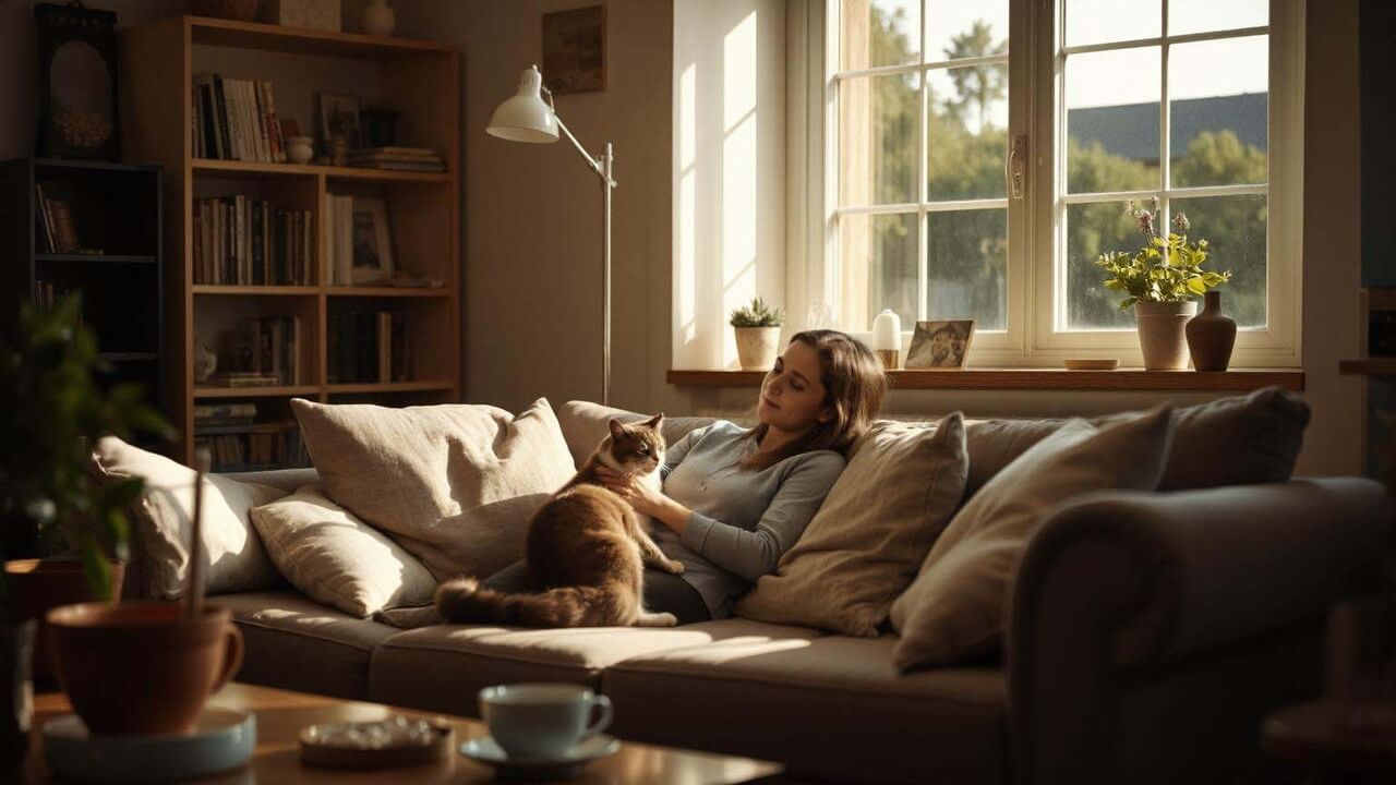 Cinematic video of a woman relaxing on a plush couch gently petting a cat bathed in warm sunlight streaming through a large window created by Fotor AI video generator