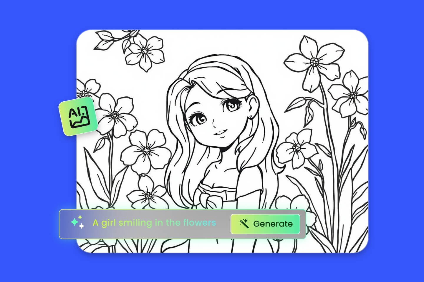 Coloring pages of a girl smiling in the flowers