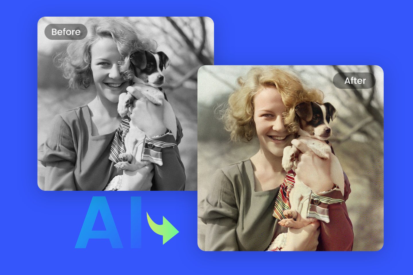 子犬を抱いた白黒の女性の画像をfotor aiフォトカラーライザーで色付けする