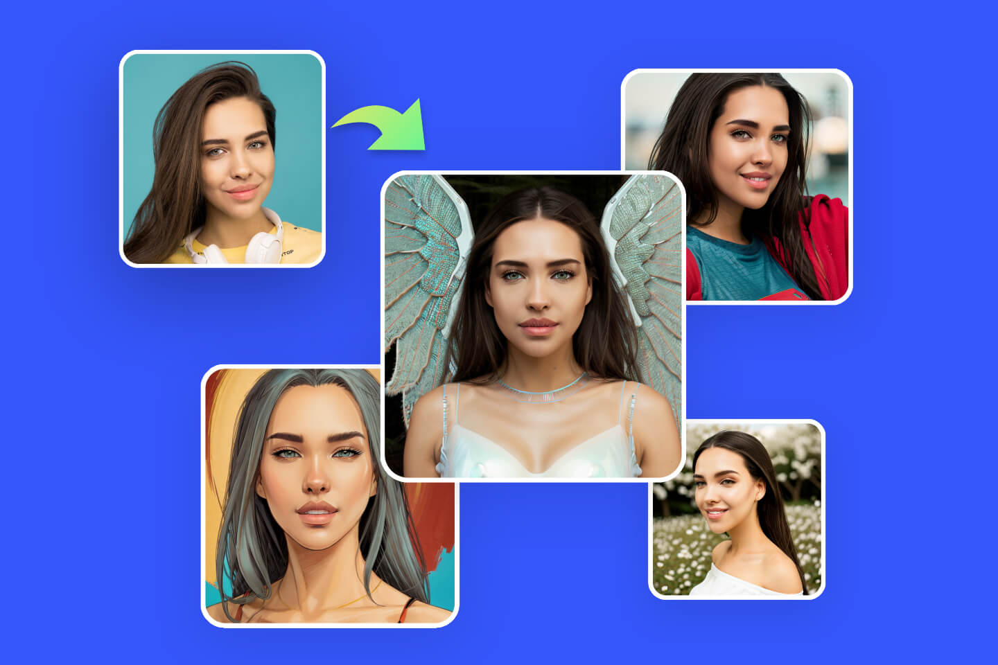 Convert a female selfie into styles of AI generated avatars