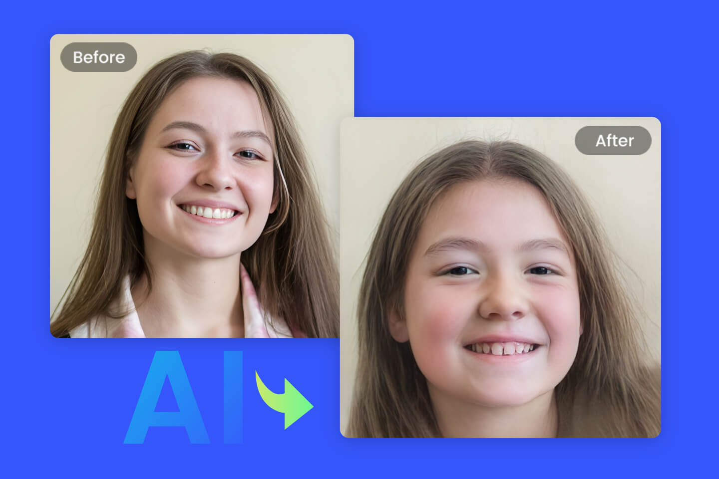 Convert a smiling girl image to a cute little girl using Fotor AI baby filter