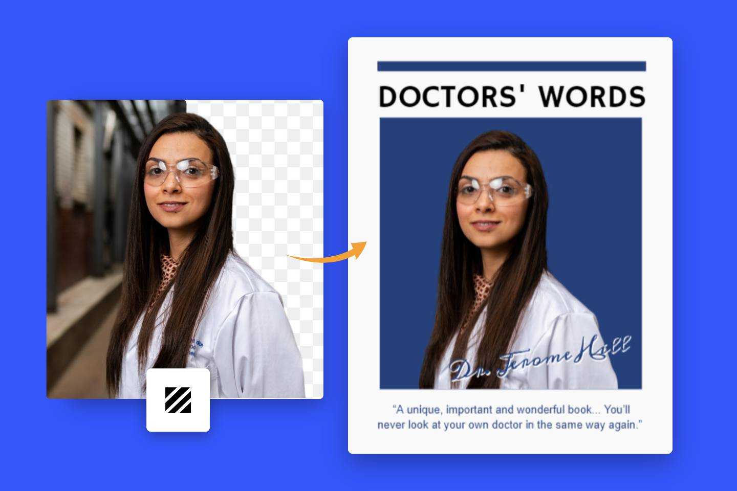 Convert female doctor image into blue background cover with fotor background remover