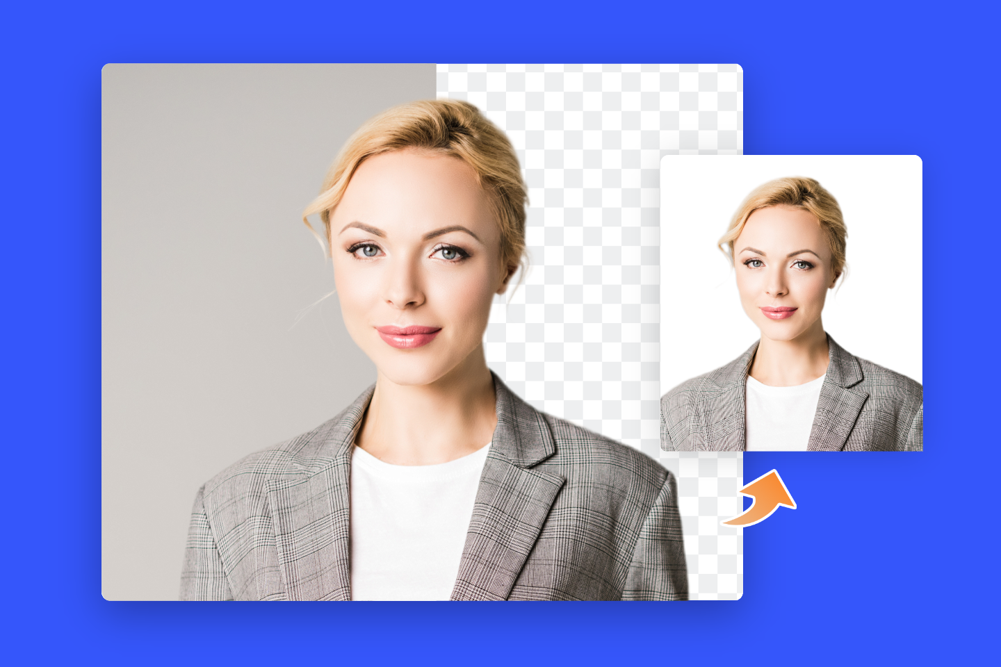 Konvertieren Sie das Bild einer Frau mit grauem Hintergrund in ein id-Foto mit weißem Hintergrund mit dem fotor id photo maker