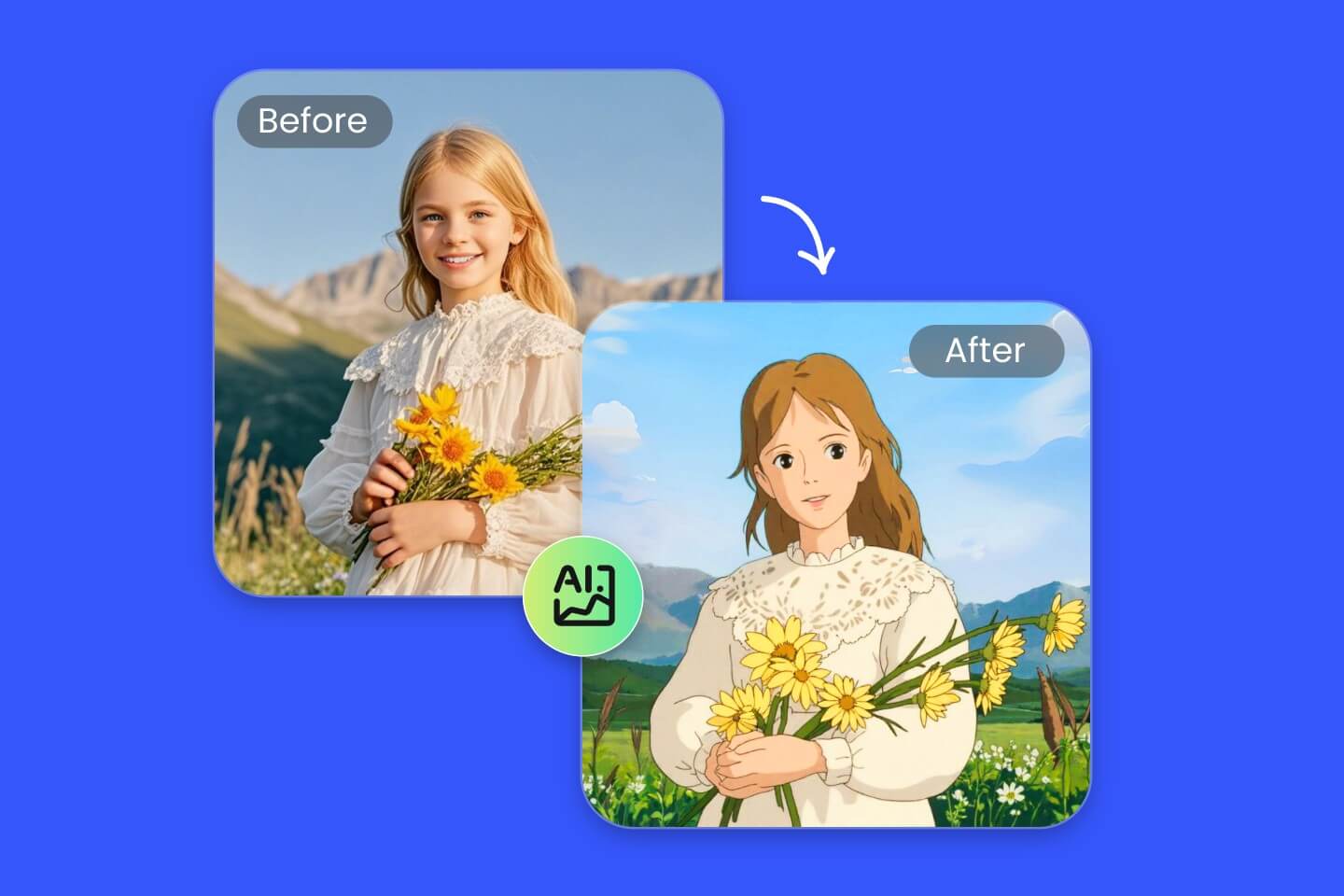 Convierte imágenes al estilo Ghibli en línea en segundos con el generador gratuito de IA Ghibli de Fotor.
