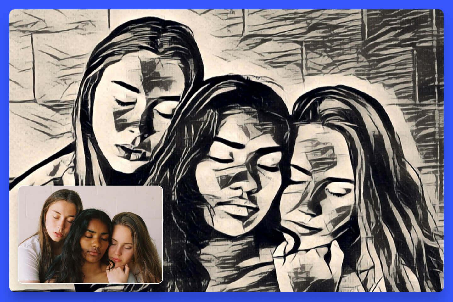 Ubah selfie grup wanita menjadi sketsa online