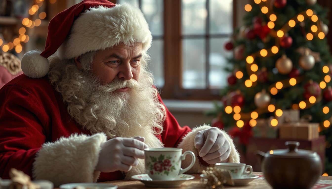 Cover of santa claus is drinking hot tea and talking deside the table