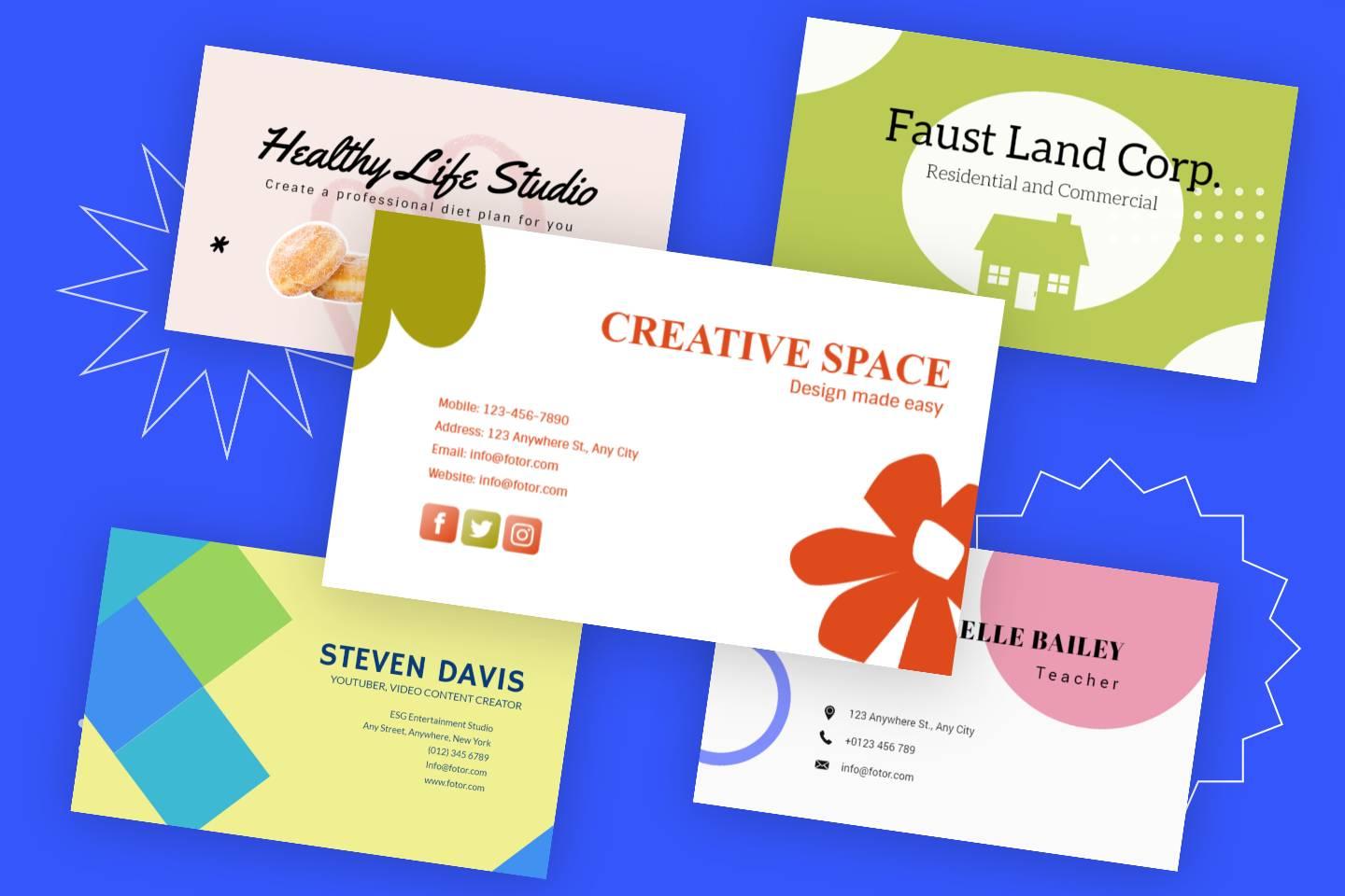 five business cards in pink, green, yellow and white with flower on it