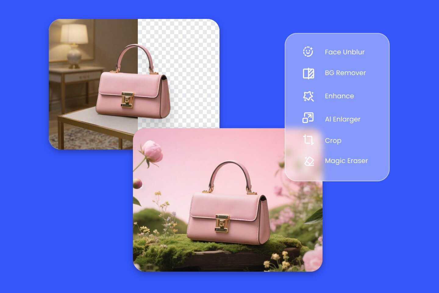 Edit and change the background of a pink bag product photo with different features in fotor ai product image generator