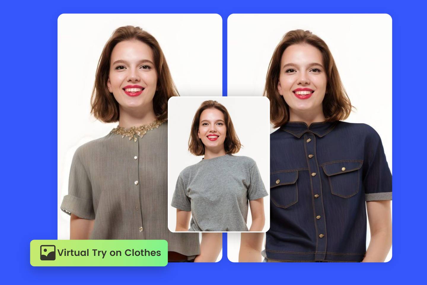 Female virtual tries on three different styles of clothes with Fotors try on tool