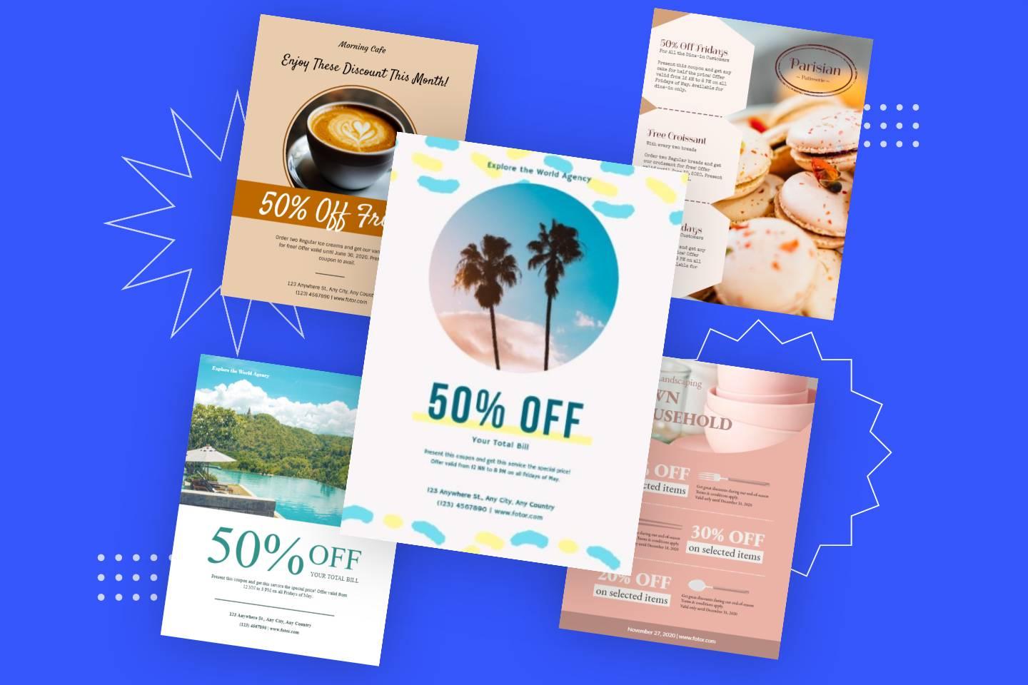 Five coupon templates from Fotor online coupon maker