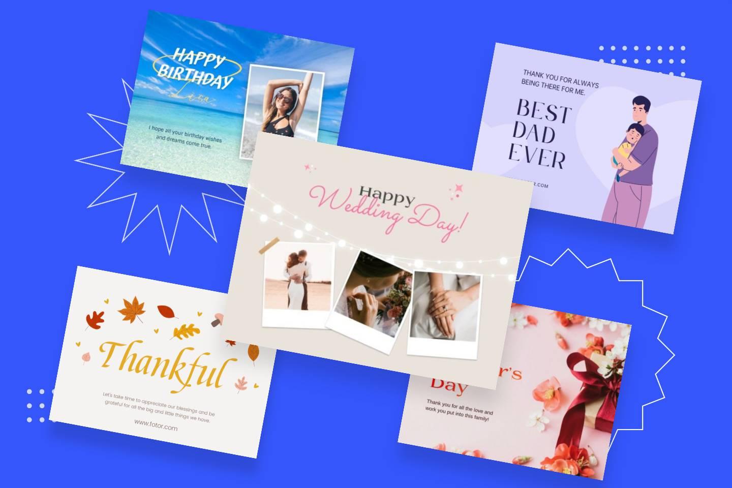 Five greeting card templates from Fotor online greeting card maker