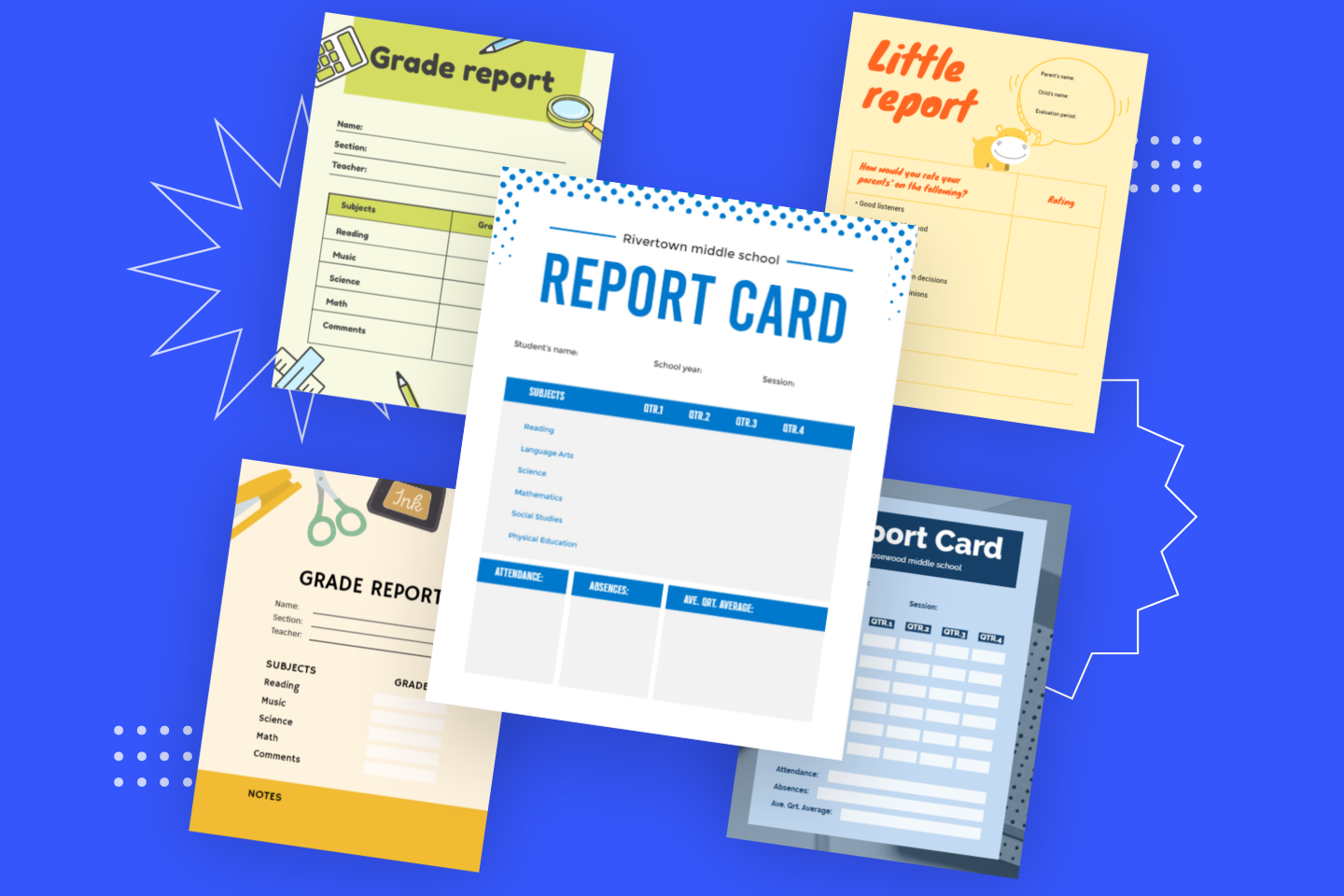 Five report cards in the color of green orange red and blue with characters on it