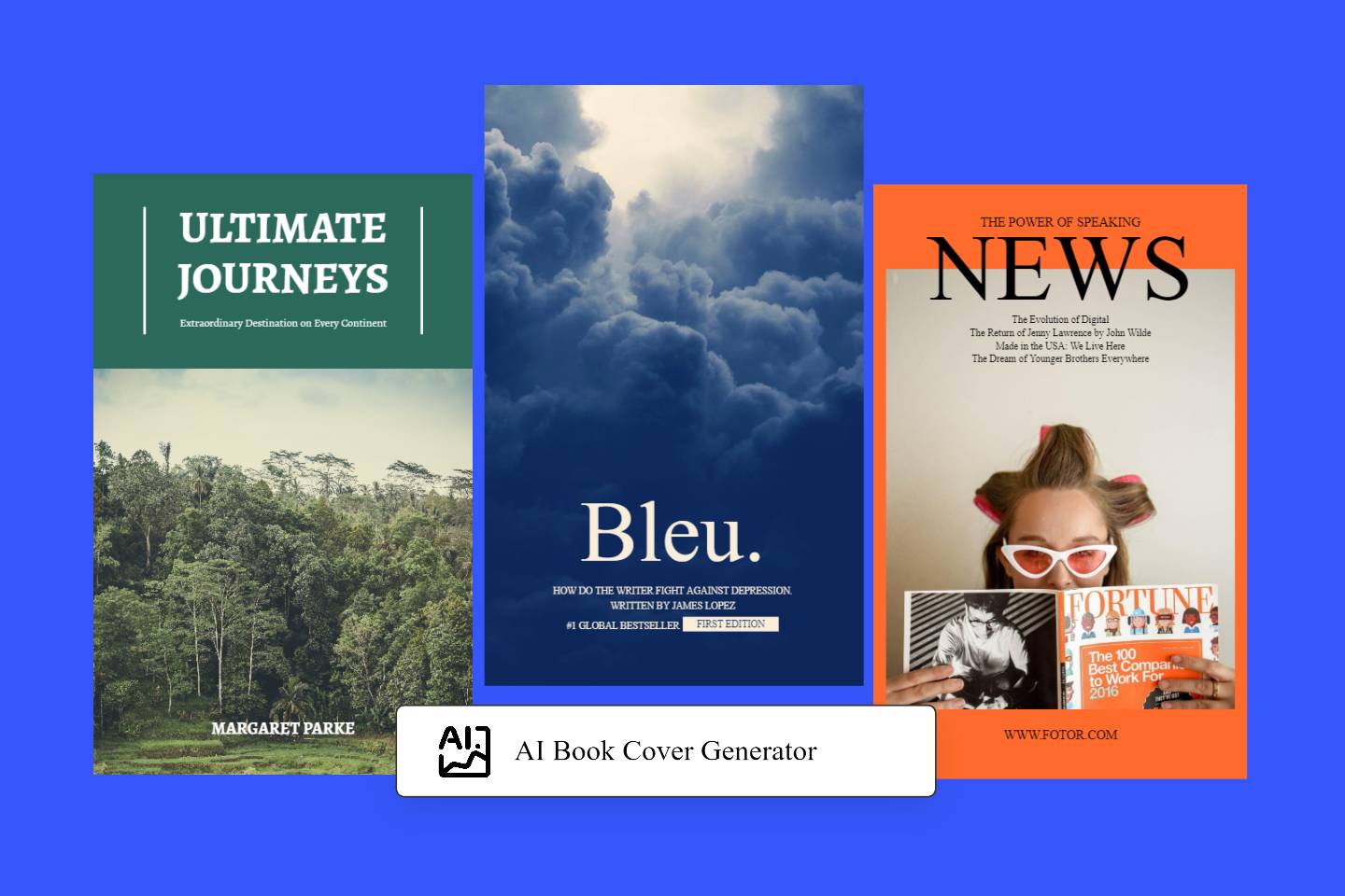 Four book covers generated in fotor ai book cover generator