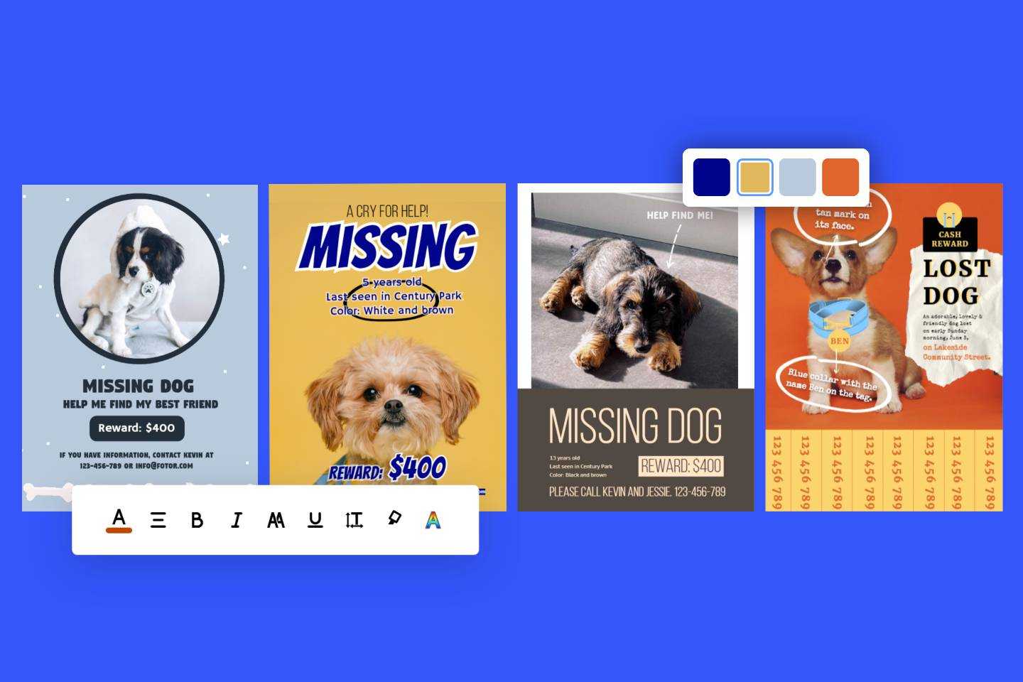 Four missing dog poster templates from Fotor