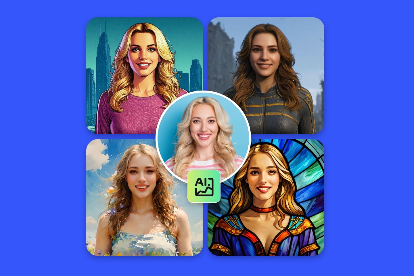 Generate four ai art female image by using fotors ai image to image tool