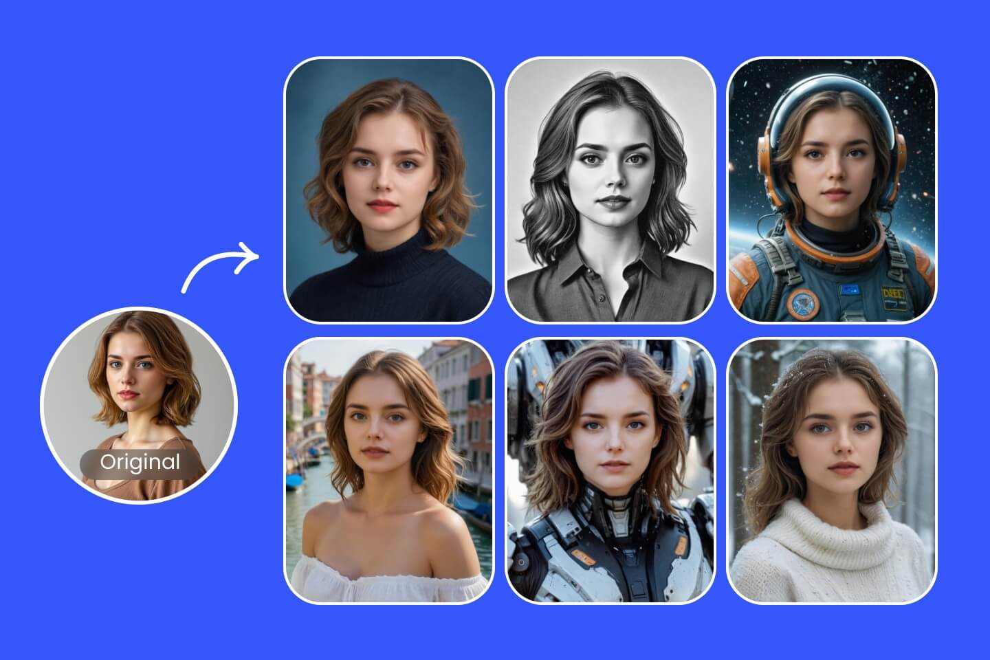 Generate multiple styles of ai profile picture from a photo of a beautiful girl