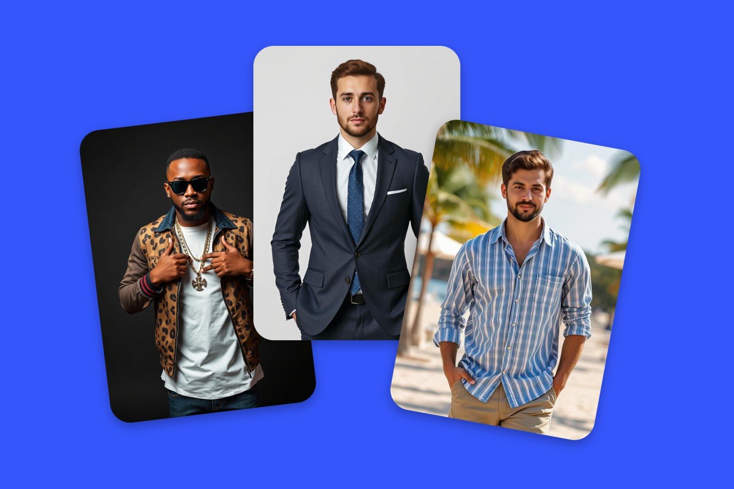 Generate three men in different outfits with random outfit designer