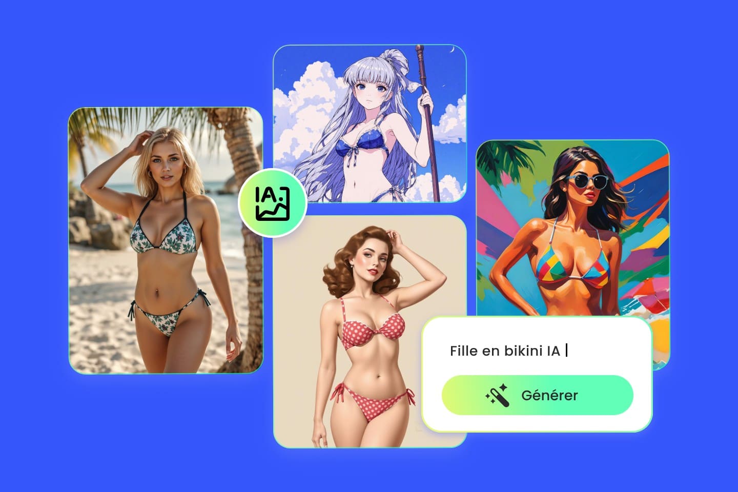 Image de bannière de femme sexy en Bikini IA de Fotor mettant en scène quatre filles en bikini IA de styles variés