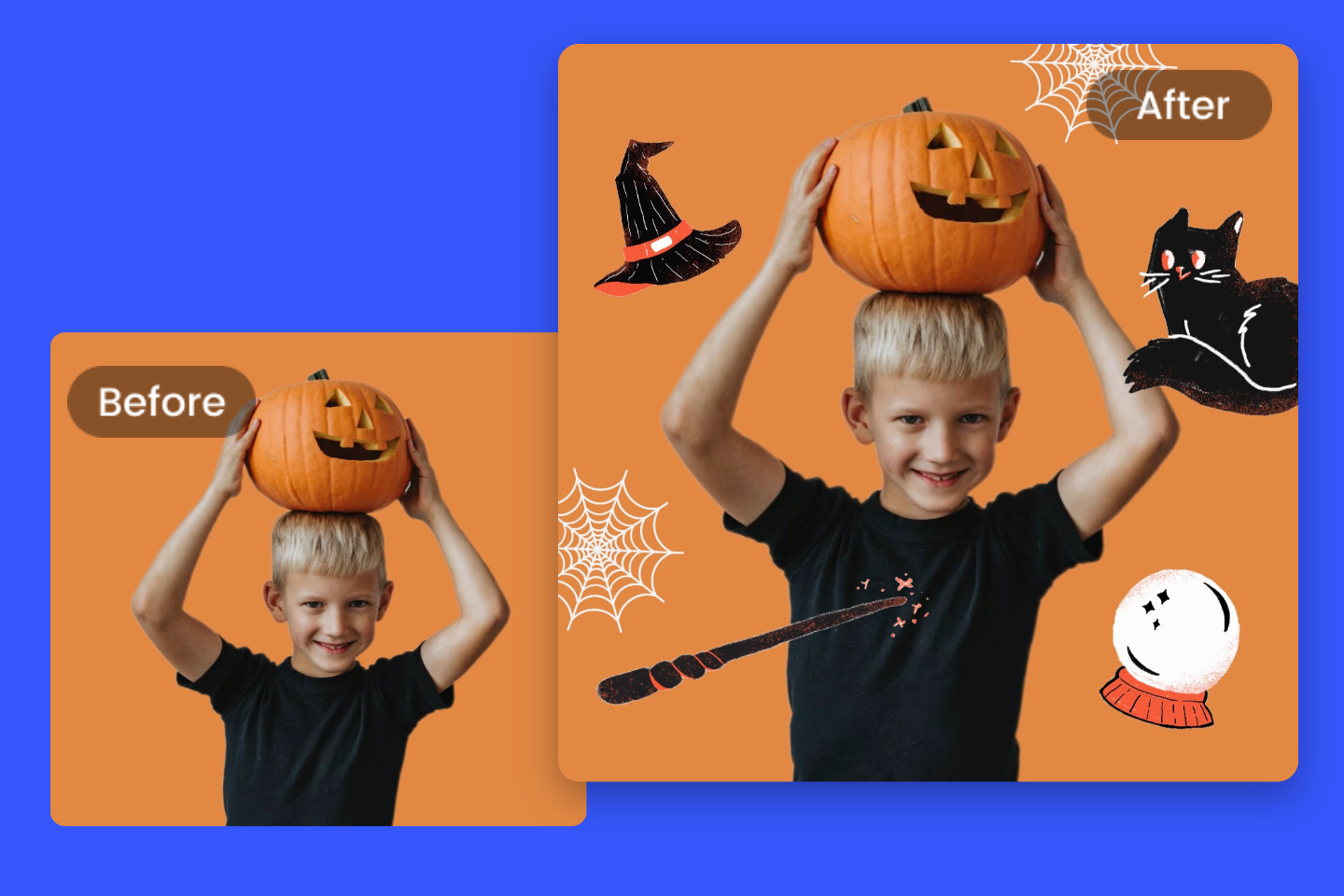 Make halloween sticker of pumpkin and a boy with fotor