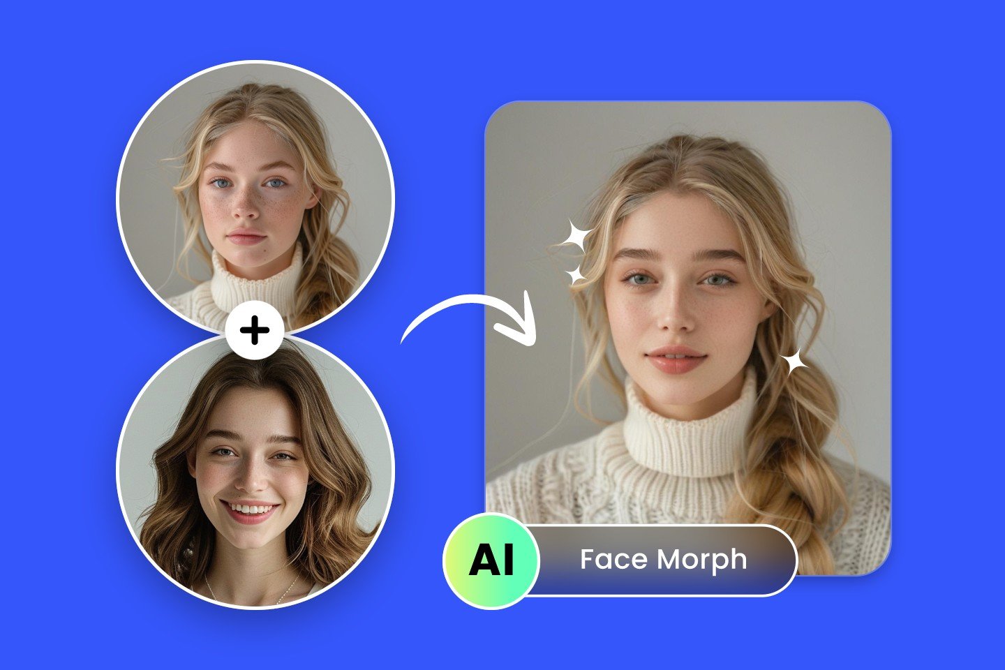 Morph the face of a blonde girl with the face of a brunette girl into one image with ai