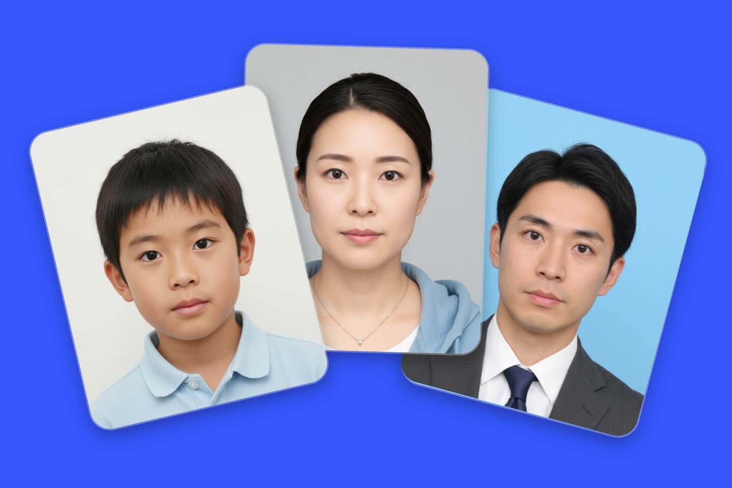 男の子と女性と男性のかわいいマイナンバーカード写真