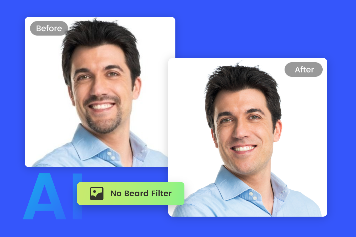 No beard filter banner with before and after contrast photo with a man