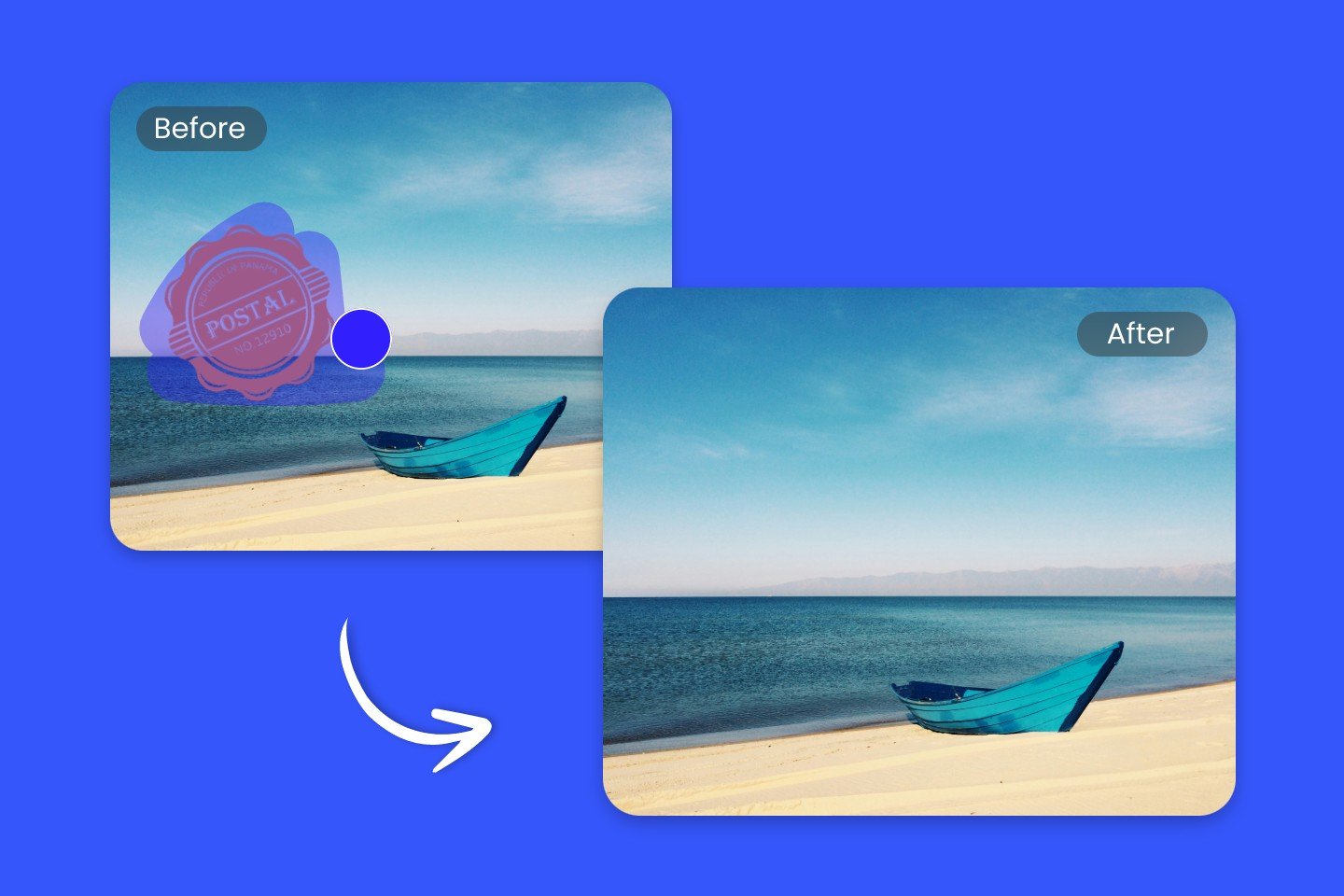 Remove stamp from photo on a beach with a boat
