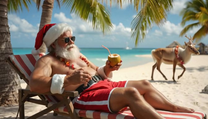 Santa claus is enjoy his trip on the beach