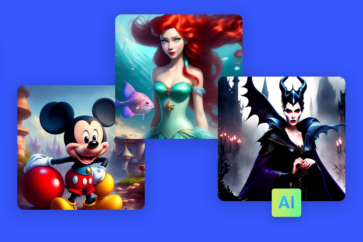 Trois personnages Disney générés à l'air libre, y compris Mickey Mouse, la princesse Ariel et Maléfique.