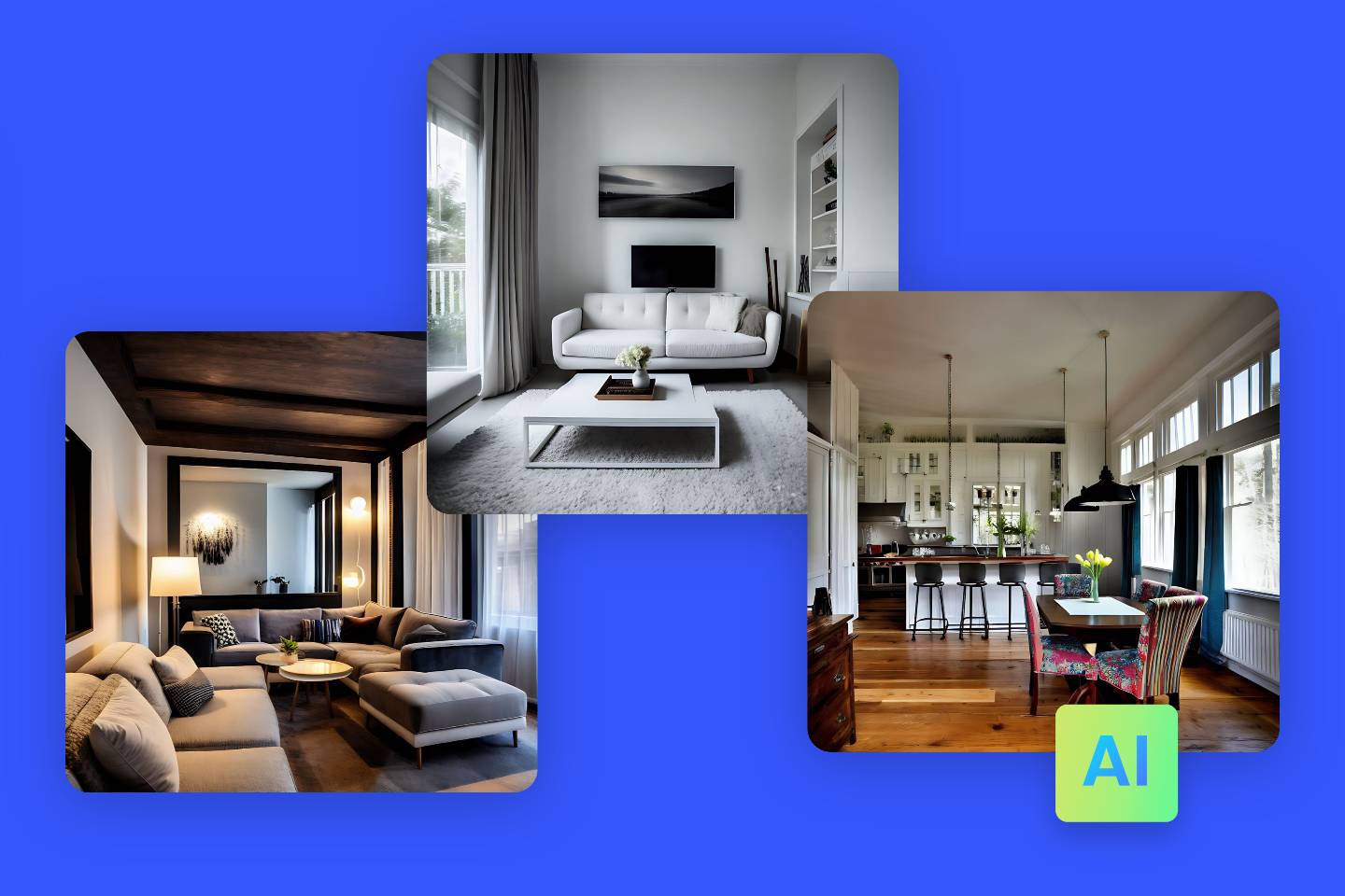 Tres diseños de interiores de casa generados por IA en estilo moderno de la herramienta de diseño de interiores AI de Fotor