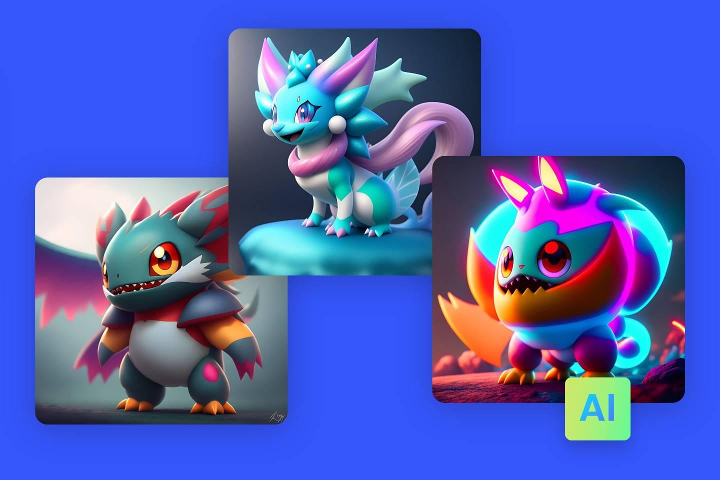 Tres monstruos estilo Pokémon generados por IA en generador de Pokémon Fotor AI